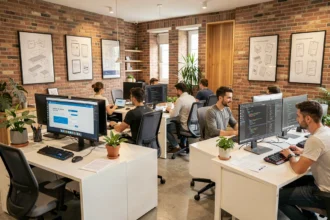 Vue d'ensemble d'une agence de création de sites internet en Eure-et-Loir avec des designers et développeurs web au travail