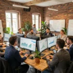Équipe de consultants SEO travaillant dans un bureau moderne des Hauts-de-France avec des tableaux de bord analytics sur les écrans