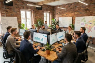 Équipe de consultants SEO travaillant dans un bureau moderne des Hauts-de-France avec des tableaux de bord analytics sur les écrans