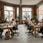 Espace de coworking moderne dans le Pas-de-Calais avec des professionnels travaillant dans un environnement collaboratif et chaleureux