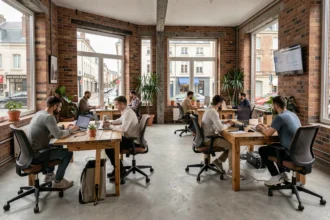 Espace de coworking moderne dans le Pas-de-Calais avec des professionnels travaillant dans un environnement collaboratif et chaleureux