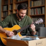 Musicien français déballant une guitare acoustique commandée sur Thomann dans son appartement