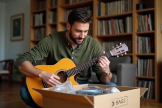 Musicien français déballant une guitare acoustique commandée sur Thomann dans son appartement