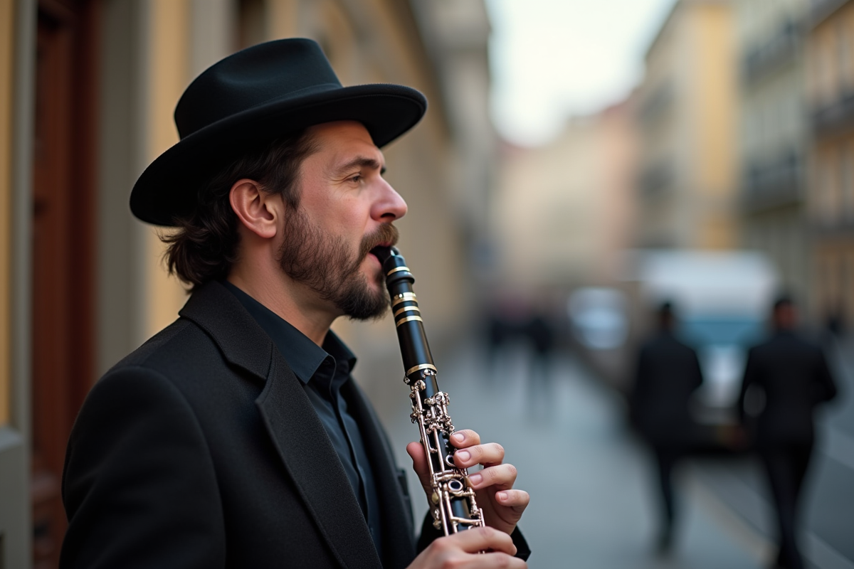 Musicien klezmer jouant passionnément de la clarinette en plein air lors d