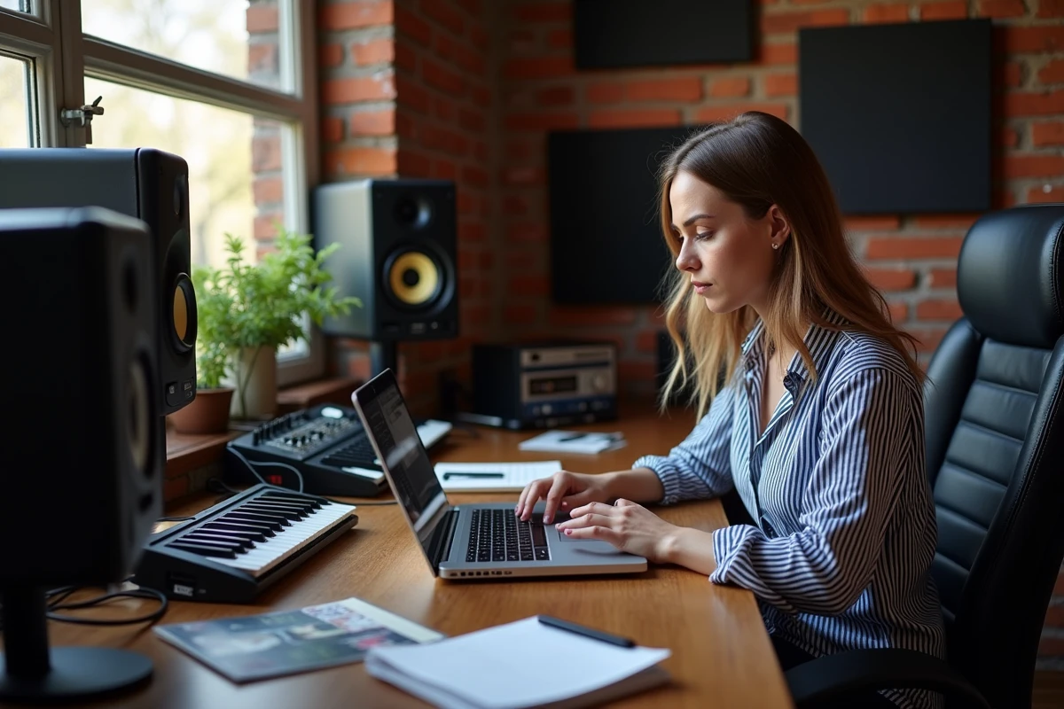 Musicienne française consultant les avis Thomann sur son ordinateur dans son home studio