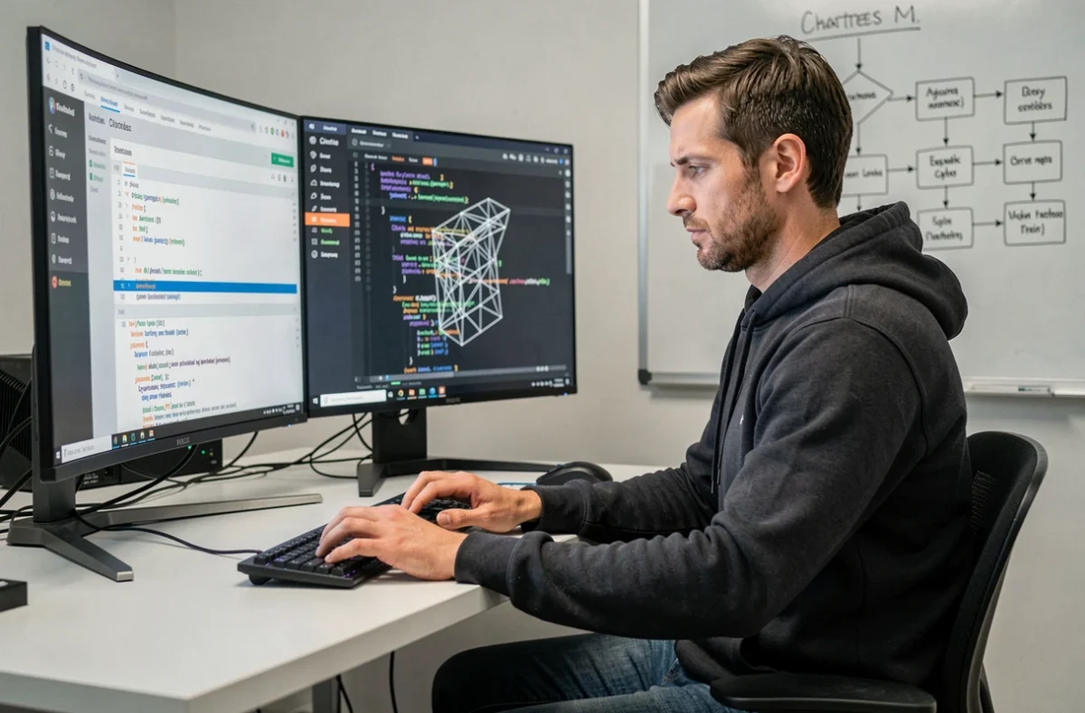 Développeur web et logiciels de Nano Web Design à Chartres codant une interface complexe sur écran ultrawide