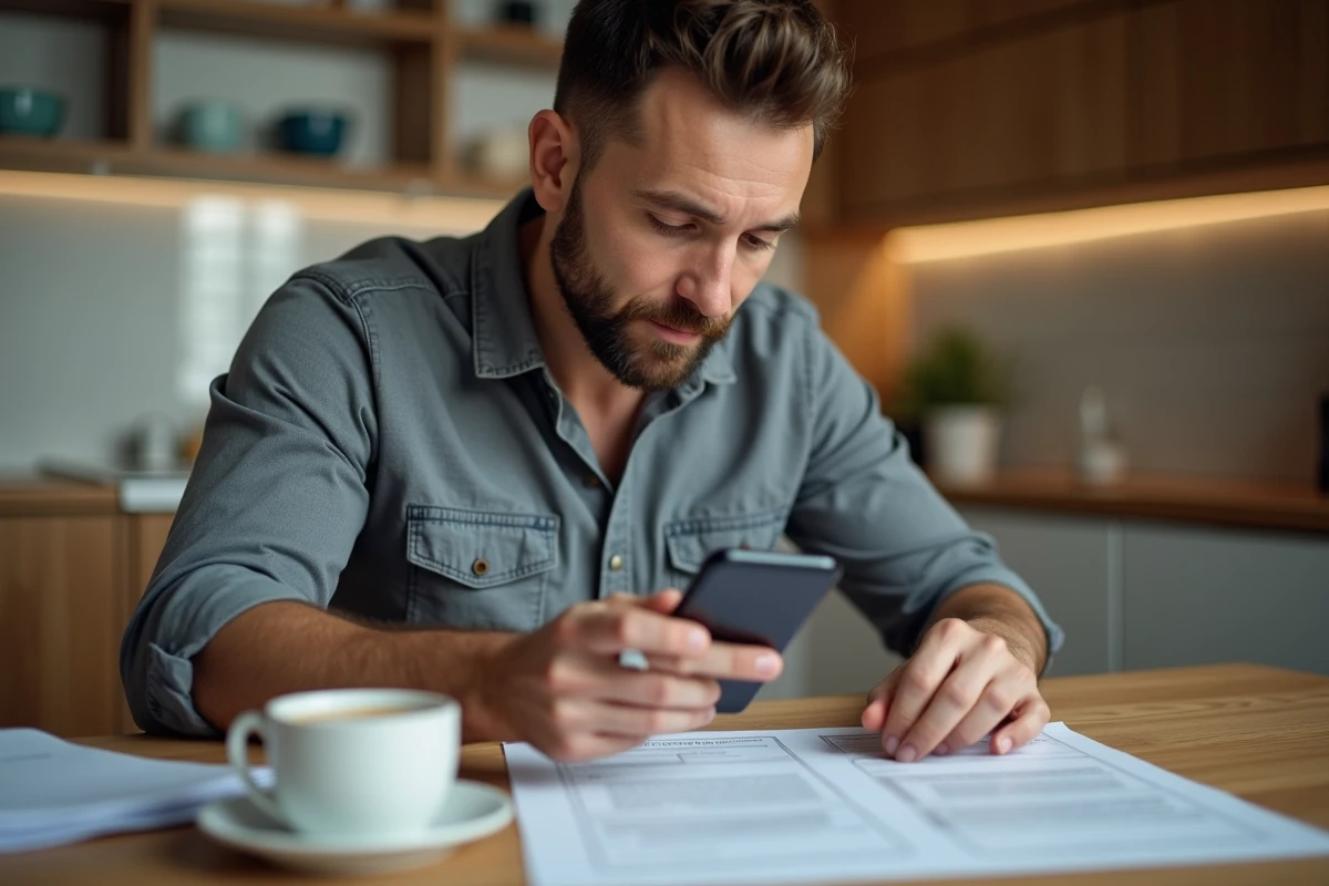 Homme numérisant un justificatif administratif avec son smartphone sur une table en bois à domicile pour le sauvegarder en ligne