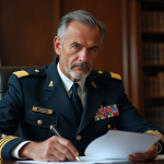 Officier militaire français en uniforme en train de lire des documents