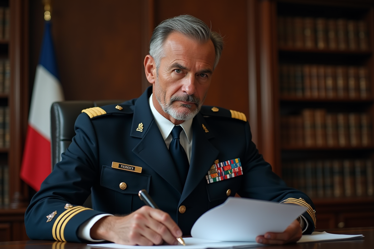 Officier militaire français en uniforme en train de lire des documents