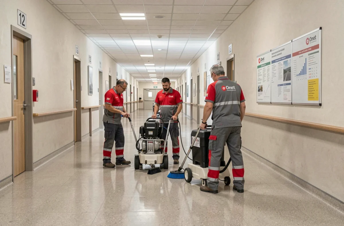 Équipe Onet en uniforme rouge et gris nettoyant les couloirs d'un grand bâtiment régional en Auvergne-Rhône-Alpes