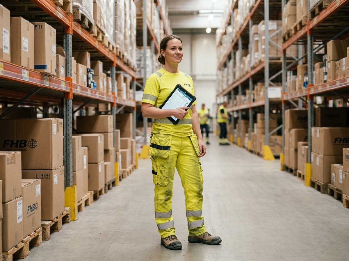 Responsable logistique femme portant un pantalon de travail FHB haute visibilité dans un entrepôt, tenue professionnelle fonctionnelle
