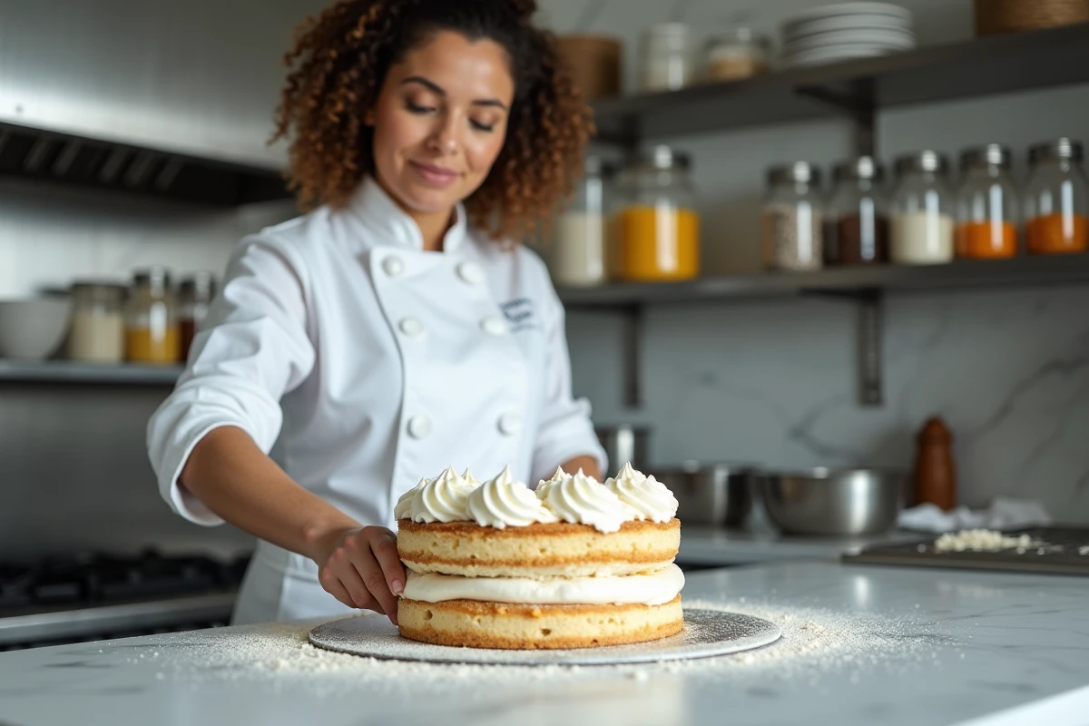 Boulangère professionnelle décorant avec soin un gâteau élaboré dans une cuisine de pâtisserie moderne, symbole de la qualité du travail accompli