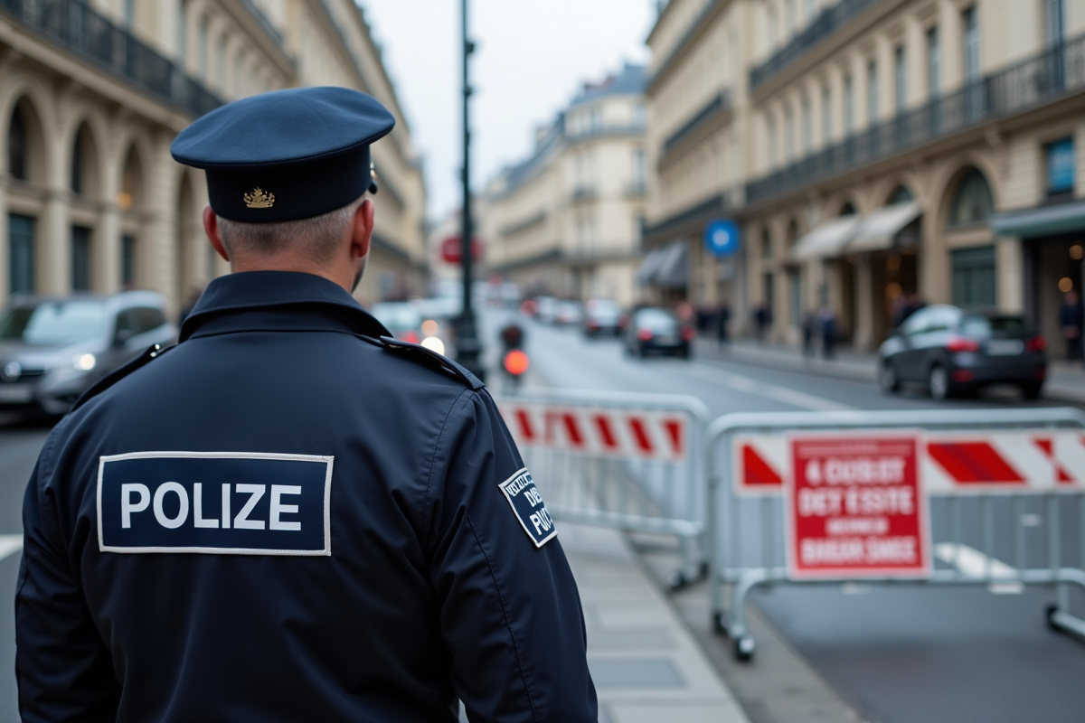 Policier français observant une zone barricadée dans Paris