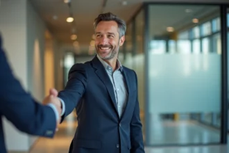 Deux professionnels se serrant la main lors d'une première prise de contact en entreprise
