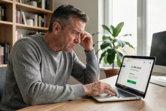 Homme frustré face à un problème de connexion sur son espace client EDF ENR Solaire depuis un ordinateur portable