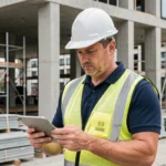 Professionnel du BTP consultant une tablette numérique sur un chantier de construction moderne