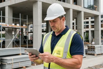Professionnel du BTP consultant une tablette numérique sur un chantier de construction moderne