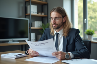 Professionnel d'affaires examinant des documents sur la réglementation TV
