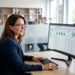 Professionnelle consultant une interface de GED sur un ordinateur dans un bureau moderne, illustrant la centralisation des documents de formation