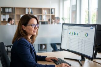 Professionnelle consultant une interface de GED sur un ordinateur dans un bureau moderne, illustrant la centralisation des documents de formation
