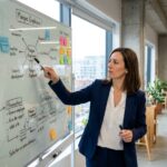 Une professionnelle en blazer marine structure sa réflexion sur la marque employeur devant un tableau blanc rempli de schémas dans un bureau moderne