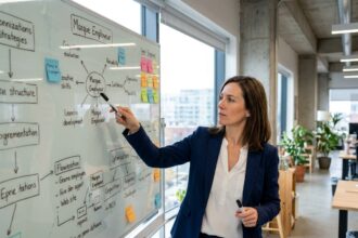 Une professionnelle en blazer marine structure sa réflexion sur la marque employeur devant un tableau blanc rempli de schémas dans un bureau moderne