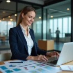 Chargée de prospection commerciale analysant des indicateurs économiques territoriaux sur ordinateur et documents imprimés dans un bureau moderne
