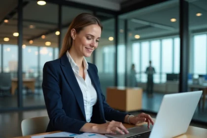 Chargée de prospection commerciale analysant des indicateurs économiques territoriaux sur ordinateur et documents imprimés dans un bureau moderne