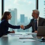 Poignée de main entre dirigeants lors d'une signature d'accord de rachat en salle de conférence d'entreprise