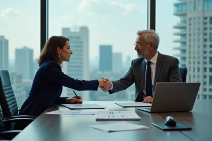 Poignée de main entre dirigeants lors d'une signature d'accord de rachat en salle de conférence d'entreprise