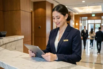 Réceptionniste d'hôtel en blazer marine derrière un comptoir en marbre dans un lobby moderne, illustrant les métiers et salaires de l'hôtellerie en 2026