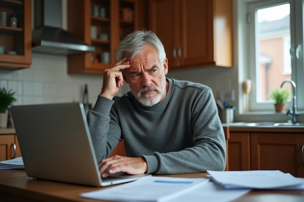 Homme au chômage consultant des informations sur ses droits aux allocations après un licenciement pour faute lourde depuis son domicile