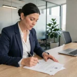 Femme professionnelle rédigeant une note de service dans un bureau moderne, illustrant la rédaction de documents administratifs formels