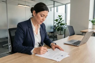 Femme professionnelle rédigeant une note de service dans un bureau moderne, illustrant la rédaction de documents administratifs formels