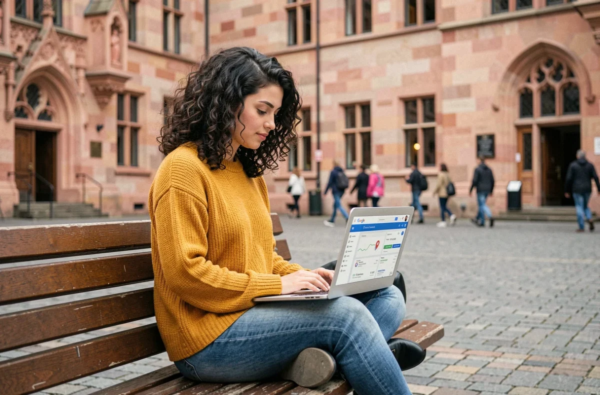 Jeune femme optimisant le référencement SEO de son entreprise locale en plein air à Strasbourg