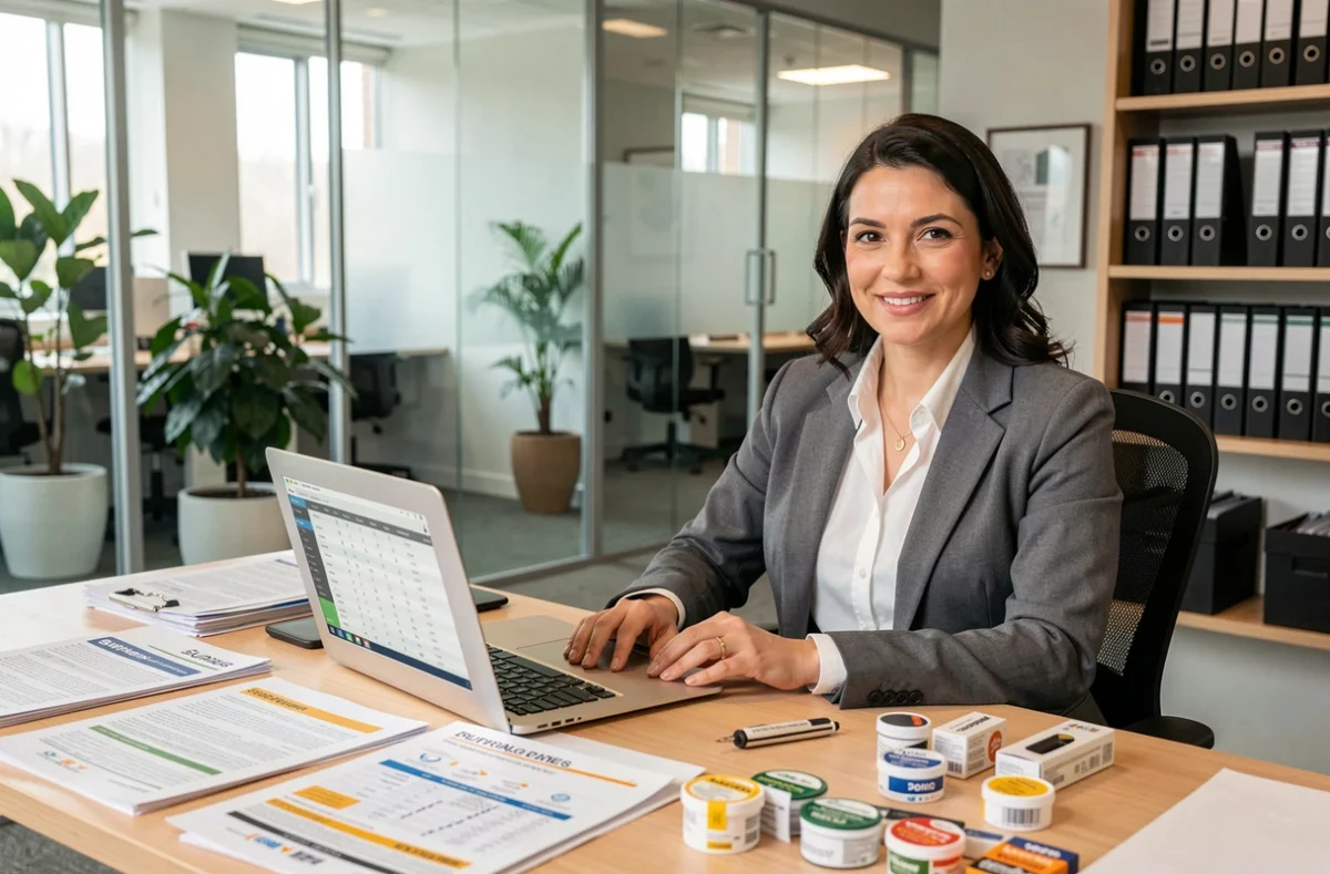 Responsable achats comparant les offres de grossistes locaux et nationaux sur un bureau de travail