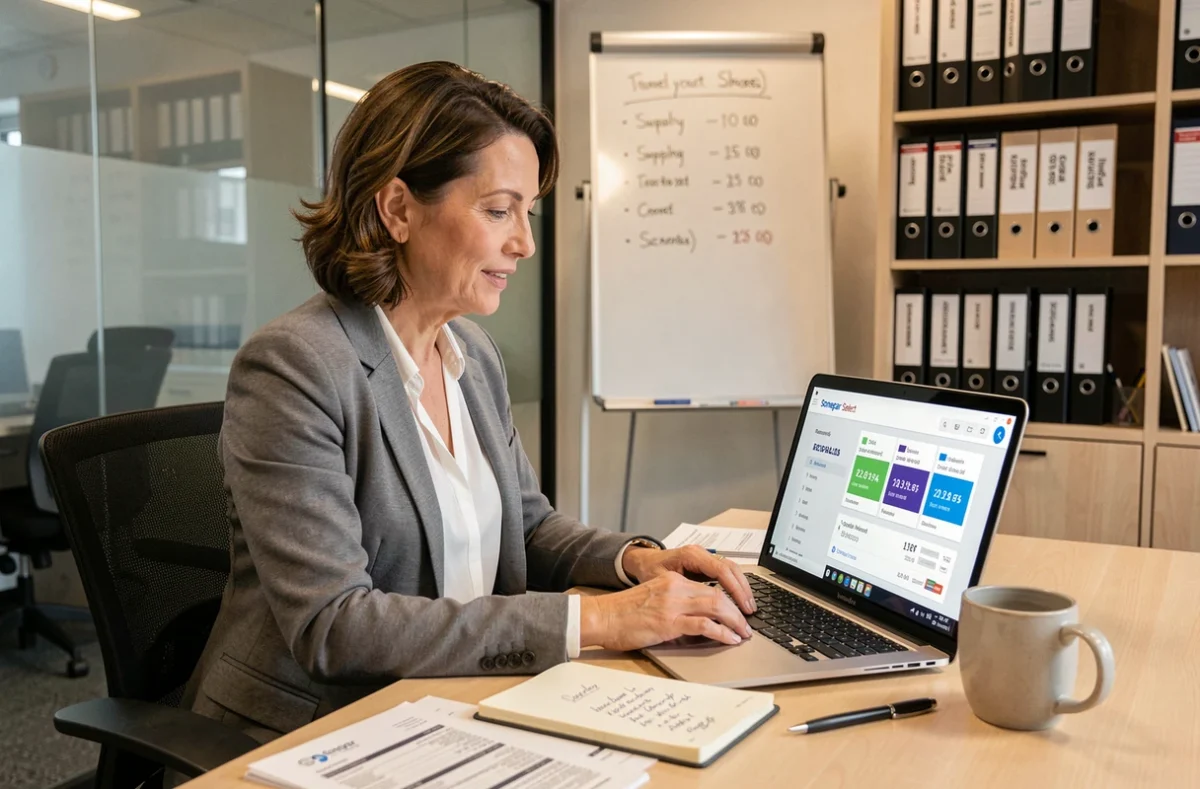 Responsable achats d'une entreprise de travaux consultant son espace client Sonepar Select sur ordinateur portable au bureau