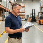 Responsable d'entrepôt comparant des bons de commande dans un centre de distribution grossiste