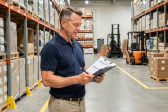 Responsable d'entrepôt comparant des bons de commande dans un centre de distribution grossiste