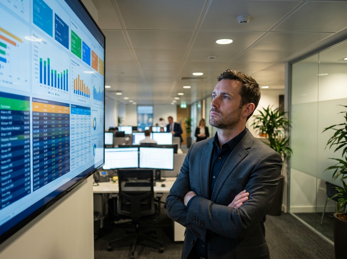 Responsable financier debout devant un tableau de bord d'analyse de devis et données d'achats