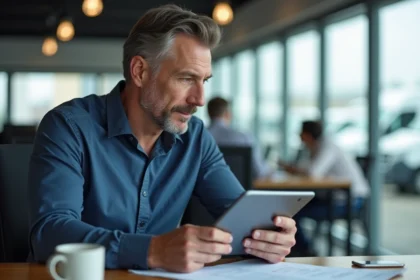 Responsable de flotte d'entreprise consultant des données salariales sur tablette dans un bureau moderne