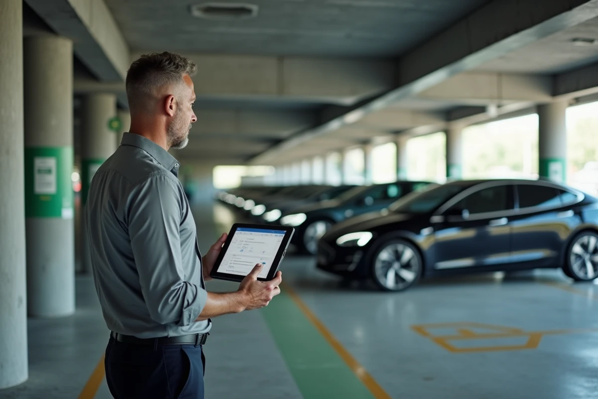 Responsable de flotte automobile évaluant des véhicules électriques de société dans un parking d'entreprise