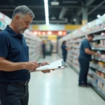 Responsable de magasin analysant l'agencement des rayons pour réduire le vol en magasin