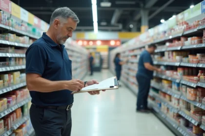 Responsable de magasin analysant l'agencement des rayons pour réduire le vol en magasin