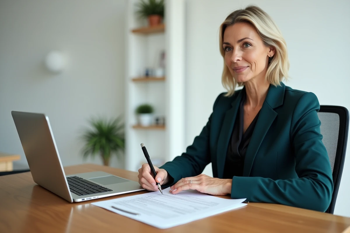 Une responsable administrative remplit un formulaire d'avisage dans un bureau individuel avec un logiciel RH ouvert en arrière-plan