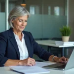 Responsable RH examinant des documents liés à la prime de médaille du travail dans un bureau d'entreprise moderne