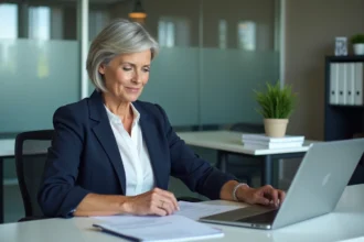 Responsable RH examinant des documents liés à la prime de médaille du travail dans un bureau d'entreprise moderne