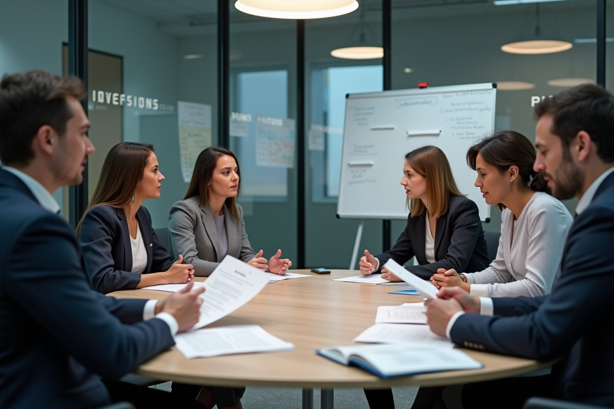 Groupe de cinq personnes en réunion d