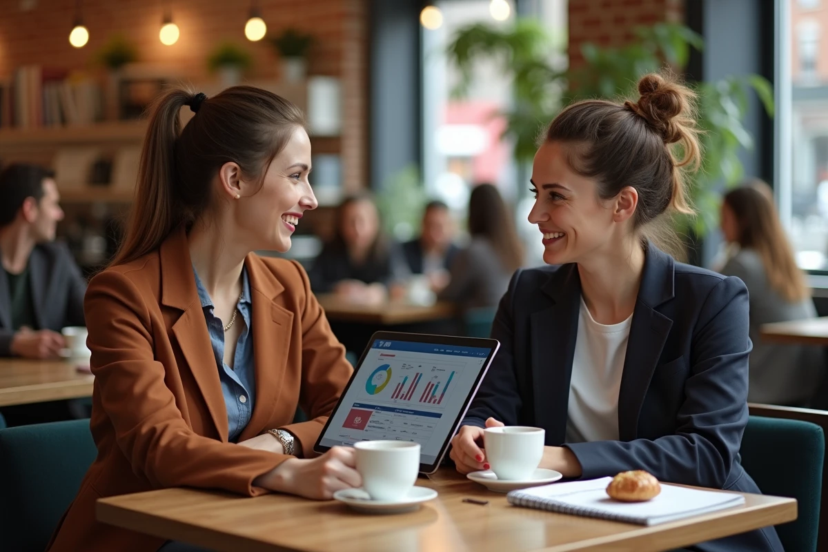 Deux femmes discutant de leur activité Partylite My Business autour d'un tableau de bord sur tablette dans un café