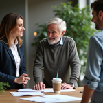 Trois professionnels discutent dans un bureau écologique moderne